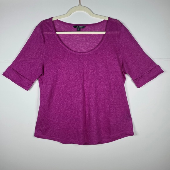 Lauren Ralph Lauren Tops - Lauren Ralph Lauren Linen Scoop Neck Top L Magenta Rolled Cuff